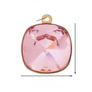 Detail view of 13mm pink square zircon pendant with gold plated copper frame