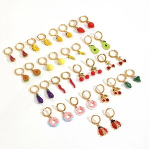 Golden stainless steel hoop earrings with colorful fruit enamel charms and charms set