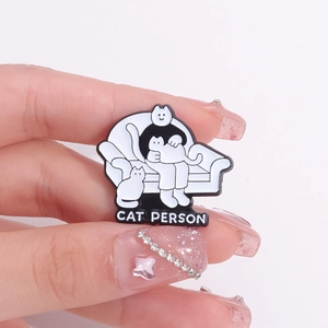 Cartoon enamel cat person badge made of black and white alloy for bags and clothes