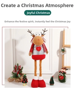 Close-up of a long-legged Christmas reindeer doll with Merry Christmas sweater decoration