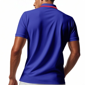 Back view of a quick-dry blue polo shirt with contrasting red collar detail