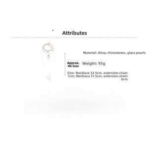 Detailed size chart for multi-layer pearl cross necklace with alloy and rhinestone material