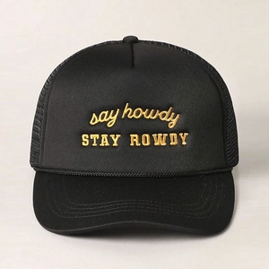 Casquette trucker noire avec broderie jaune 'say howdy' et maille respirante