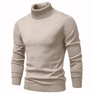 Men's slim fit turtleneck knit sweater in beige oatmeal color with ribbed cuffs