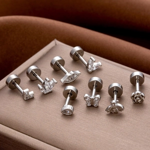 20G Stainless steel stud earrings set featuring bee and flower shapes with cubic zirconia