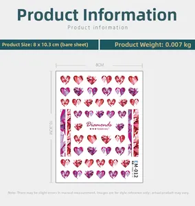 Detail view of heart-pattern nail art stickers EM-012 showing 8x10.3cm size and 7g weight