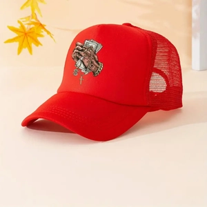 Red trucker hat with money and gold chain print showing foam front and mesh back detail