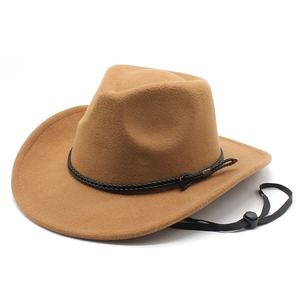 Classic brown wool felt cowboy hat with adjustable chin strap and black decorative cord