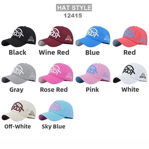 Grid display of ten colorful baseball caps with 3D embroidery and curved brims