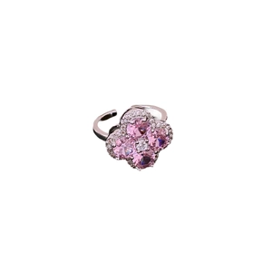Silver open ring featuring pink zircon four-leaf flower and white pave crystal accents