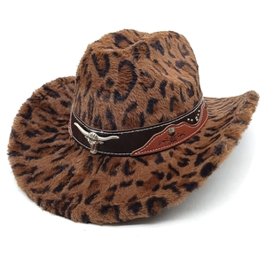 Detail of leopard print cowboy hat featuring a faux leather band and silver bull head stud