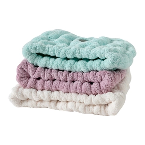 Three-pack coral fleece hair drying caps in mint, lavender, and white rabbit ear design