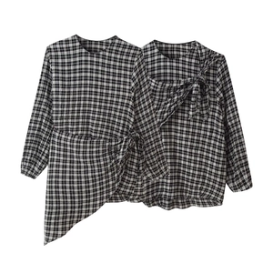 Chemisier À Carreaux Manches Longues Seersucker Ourlet Asymétrique Nœud Latéral Boutonné Col Chemise Pour Femmes