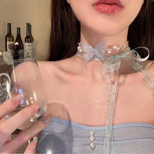 French vintage double-layer pearl choker with light blue butterfly and long ribbons