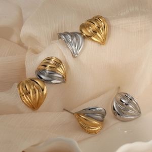 Polished 316 stainless steel heart earrings with textured ridges in gold and silver finish