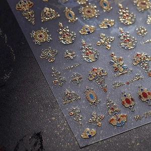 Vintage royal style 3D embossed nail stickers with ethnic jewelry patterns in gold finish