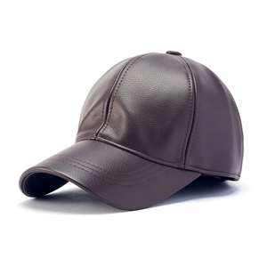 Solid deep brown faux leather baseball cap with textured finish for men outdoor winter