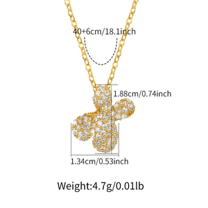 Detail view of 18K gold plated necklace featuring a zircon butterfly pendant with dimensions