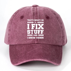 Close-up of burgundy washed cotton baseball cap with white printed humor quote and tools