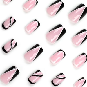 Pink press-on nails with minimalist black and white swirl lines in a medium-long length