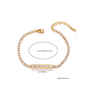 Detailed view of gold steel bracelet with sparkling zircons and sizing specifications