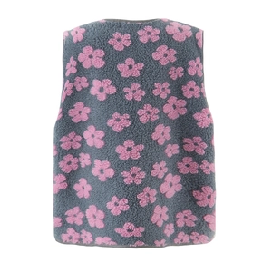 Fleece vest for girls with gray floral print and pink flowers on white background