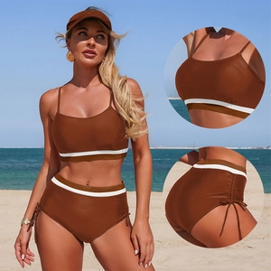 Two-piece chocolate brown bikini set with white stripes and high-waisted drawstring bottoms