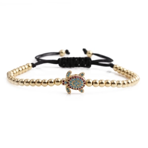 Adjustable golden turtle beaded bracelet with colorful cubic zirconia and black cord