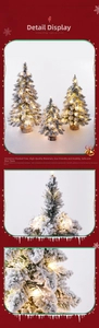 Close-up of mini flocked Christmas tree with warm LED lights and a natural wood base