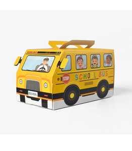 Detail of yellow school bus paper gift box with handle for candy party favors