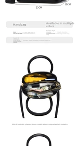 Détails du sac à main noir à motif litchi montrant la capacité et les dimensions