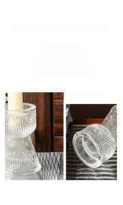 Macro shot of minimalist ribbed glass candle holder with elegant geometric textures