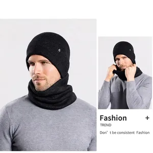 Men's winter knit beanie hat and neck warmer scarf set with warm fleece lining in black