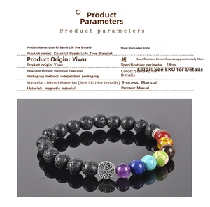 Detailed close-up showing lava stone chakra bracelet with tree of life charm and color beads