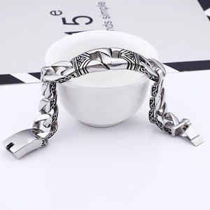 Gothic vintage silver stainless steel bracelet with engraved patterns and clasp closure