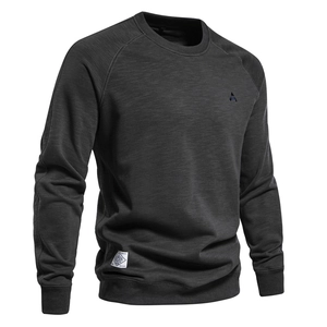 Men's dark charcoal crewneck sweatshirt with premium embroidery and raglan sleeves