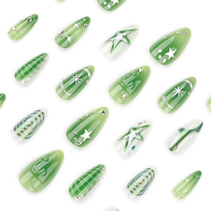 Faux ongles Y2K verts 3D courts en amande avec des motifs artistiques brillants