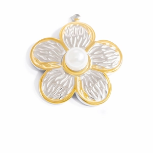 Elegant two-tone flower pendant necklace with white pearl and stainless steel metal textures