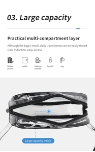 Transparent PVC bag detail showing large capacity storage for phone and cosmetics