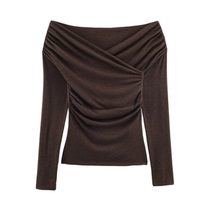 Top In Maglia Con Spalle Scoperte E Increspature Donna Elegante Vestibilità Aderente Maniche Lunghe Tinta Unita Chic