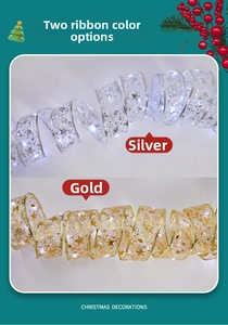 Detailed view of silver and gold Christmas ribbon lights with glowing LED stars