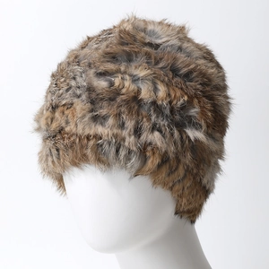 Winter handmade rabbit fur knit hat for women, thick plush warm beanie in brown grey mix