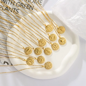 Zodiac Necklace Stainless Steel Gold Plated Twelve Signs Relief Coin Pendant Retro Minimalist Jewelry For Women