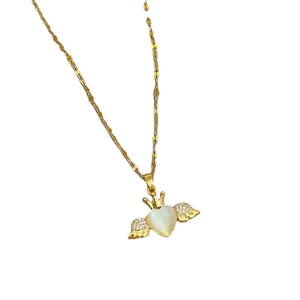 Titanium steel heart necklace with crown wings and cat eye stone in golden finish