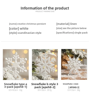Detailed specs of white linen snowflake Christmas ornaments with glitter finish