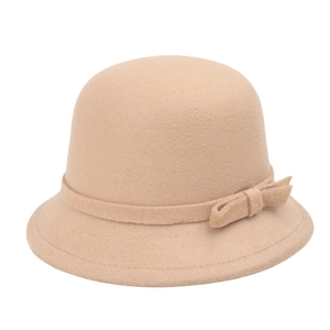 Close-up detail of khaki wool felt cloche hat featuring an elegant bow decoration