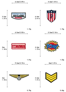 Detailed size guide showing dimensions and weights for various embroidered patches