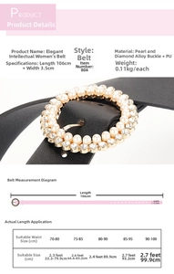 Size chart for women's black PU belt with pearl and rhinestone buckle detailing