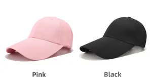 Detailed comparison of pink and black cotton baseball caps with curved brims