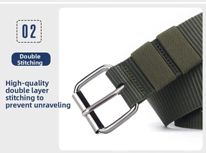 Detail of military green canvas belt showing reinforced double stitching and matte buckle